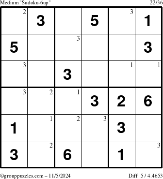 The grouppuzzles.com Medium Sudoku-6up puzzle for Tuesday November 5, 2024 with the first 3 steps marked