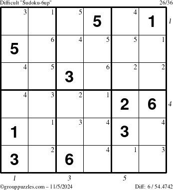 The grouppuzzles.com Difficult Sudoku-6up puzzle for Tuesday November 5, 2024 with all 6 steps marked