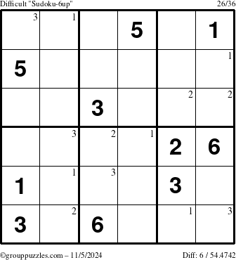 The grouppuzzles.com Difficult Sudoku-6up puzzle for Tuesday November 5, 2024 with the first 3 steps marked