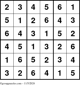 The grouppuzzles.com Answer grid for the Sudoku-6up puzzle for Tuesday November 5, 2024