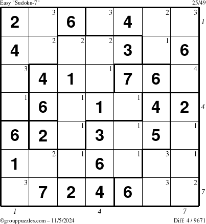 The grouppuzzles.com Easy Sudoku-7 puzzle for Tuesday November 5, 2024 with all 4 steps marked