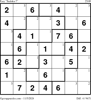 The grouppuzzles.com Easy Sudoku-7 puzzle for Tuesday November 5, 2024 with the first 3 steps marked