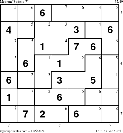 The grouppuzzles.com Medium Sudoku-7 puzzle for Tuesday November 5, 2024, suitable for printing, with all 8 steps marked