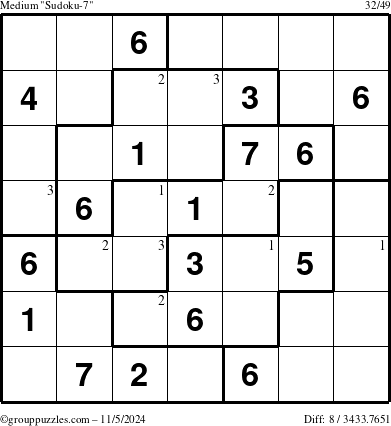 The grouppuzzles.com Medium Sudoku-7 puzzle for Tuesday November 5, 2024 with the first 3 steps marked