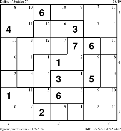 The grouppuzzles.com Difficult Sudoku-7 puzzle for Tuesday November 5, 2024 with all 12 steps marked