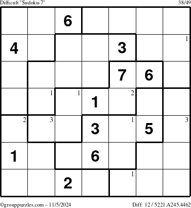 The grouppuzzles.com Difficult Sudoku-7 puzzle for Tuesday November 5, 2024 with the first 3 steps marked