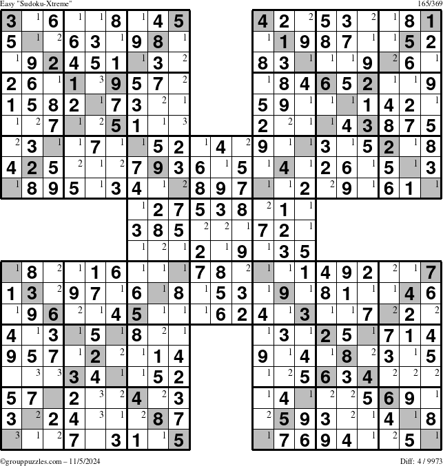 The grouppuzzles.com Easy Sudoku-Xtreme puzzle for Tuesday November 5, 2024 with the first 3 steps marked