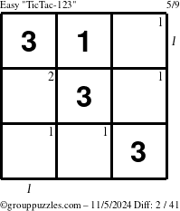 The grouppuzzles.com Easy TicTac-123 puzzle for Tuesday November 5, 2024 with all 2 steps marked