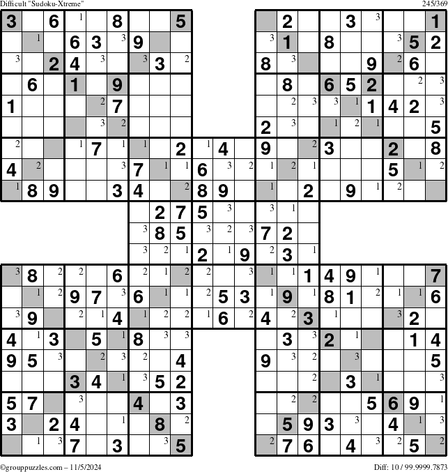 The grouppuzzles.com Difficult Sudoku-Xtreme puzzle for Tuesday November 5, 2024 with the first 3 steps marked