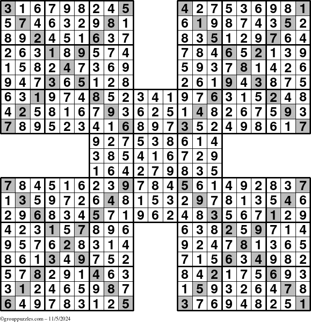 The grouppuzzles.com Answer grid for the Sudoku-Xtreme puzzle for Tuesday November 5, 2024