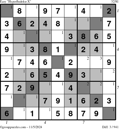 The grouppuzzles.com Easy HyperSudoku-X puzzle for Tuesday November 5, 2024 with all 3 steps marked