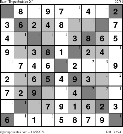 The grouppuzzles.com Easy HyperSudoku-X puzzle for Tuesday November 5, 2024 with the first 3 steps marked