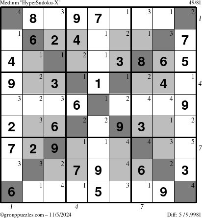 The grouppuzzles.com Medium HyperSudoku-X puzzle for Tuesday November 5, 2024 with all 5 steps marked