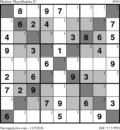 The grouppuzzles.com Medium HyperSudoku-X puzzle for Tuesday November 5, 2024 with the first 3 steps marked