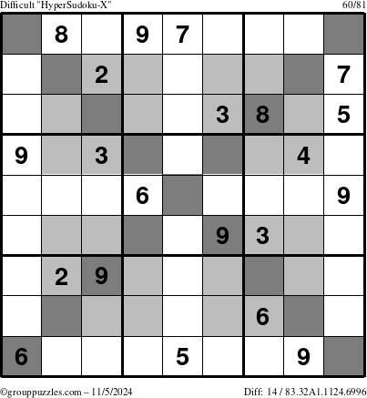 The grouppuzzles.com Difficult HyperSudoku-X puzzle for Tuesday November 5, 2024