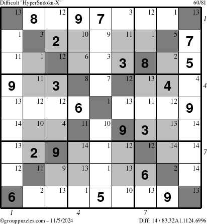 The grouppuzzles.com Difficult HyperSudoku-X puzzle for Tuesday November 5, 2024, suitable for printing, with all 14 steps marked