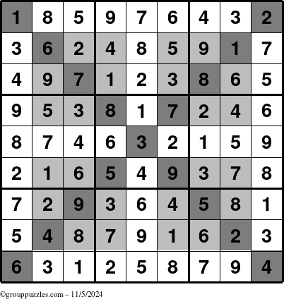 The grouppuzzles.com Answer grid for the HyperSudoku-X puzzle for Tuesday November 5, 2024