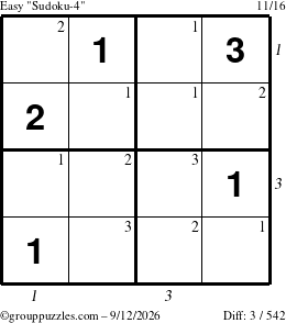 The grouppuzzles.com Easy Sudoku-4 puzzle for Saturday September 12, 2026, suitable for printing, with all 3 steps marked