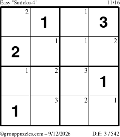 The grouppuzzles.com Easy Sudoku-4 puzzle for Saturday September 12, 2026 with the first 3 steps marked