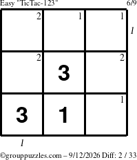 The grouppuzzles.com Easy TicTac-123 puzzle for Saturday September 12, 2026 with all 2 steps marked