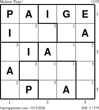 The grouppuzzles.com Medium Paige puzzle for Saturday September 12, 2026, suitable for printing, with all 3 steps marked