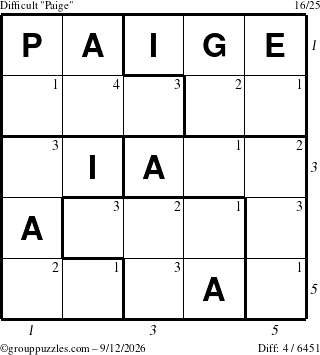 The grouppuzzles.com Difficult Paige puzzle for Saturday September 12, 2026, suitable for printing, with all 4 steps marked