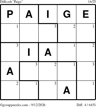The grouppuzzles.com Difficult Paige puzzle for Saturday September 12, 2026 with the first 3 steps marked