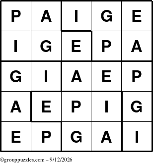 The grouppuzzles.com Answer grid for the Paige puzzle for Saturday September 12, 2026