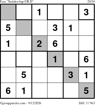 The grouppuzzles.com Easy Sudoku-6up-UR-D puzzle for Saturday September 12, 2026