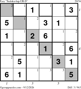 The grouppuzzles.com Easy Sudoku-6up-UR-D puzzle for Saturday September 12, 2026 with all 3 steps marked