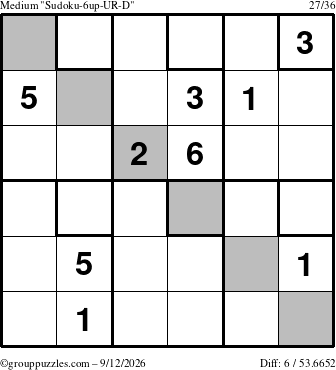 The grouppuzzles.com Medium Sudoku-6up-UR-D puzzle for Saturday September 12, 2026