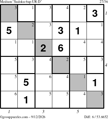 The grouppuzzles.com Medium Sudoku-6up-UR-D puzzle for Saturday September 12, 2026 with all 6 steps marked