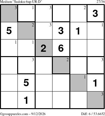 The grouppuzzles.com Medium Sudoku-6up-UR-D puzzle for Saturday September 12, 2026 with the first 3 steps marked