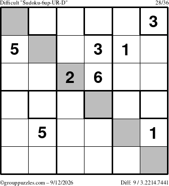 The grouppuzzles.com Difficult Sudoku-6up-UR-D puzzle for Saturday September 12, 2026