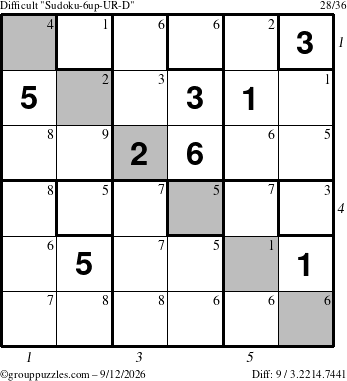 The grouppuzzles.com Difficult Sudoku-6up-UR-D puzzle for Saturday September 12, 2026 with all 9 steps marked