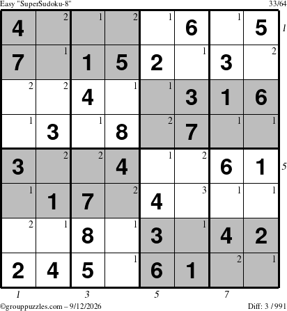 The grouppuzzles.com Easy SuperSudoku-8 puzzle for Saturday September 12, 2026 with all 3 steps marked