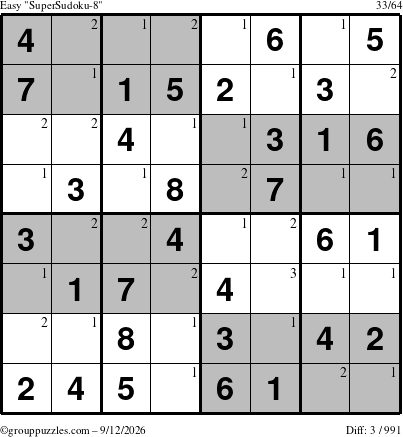 The grouppuzzles.com Easy SuperSudoku-8 puzzle for Saturday September 12, 2026 with the first 3 steps marked