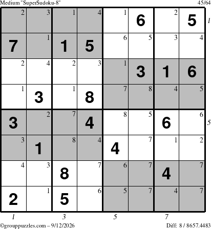 The grouppuzzles.com Medium SuperSudoku-8 puzzle for Saturday September 12, 2026 with all 8 steps marked