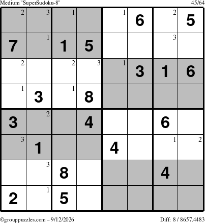 The grouppuzzles.com Medium SuperSudoku-8 puzzle for Saturday September 12, 2026 with the first 3 steps marked