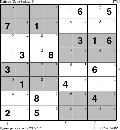 The grouppuzzles.com Difficult SuperSudoku-8 puzzle for Saturday September 12, 2026 with all 9 steps marked