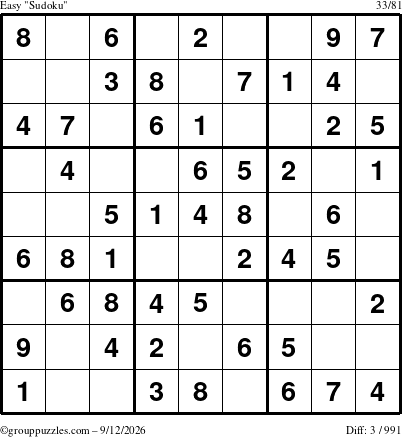 The grouppuzzles.com Easy Sudoku puzzle for Saturday September 12, 2026