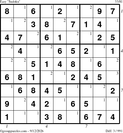 The grouppuzzles.com Easy Sudoku puzzle for Saturday September 12, 2026, suitable for printing, with all 3 steps marked