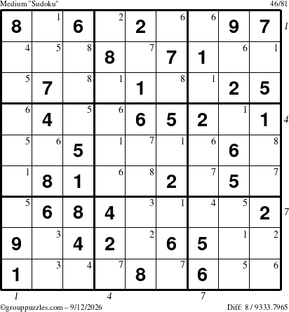 The grouppuzzles.com Medium Sudoku puzzle for Saturday September 12, 2026, suitable for printing, with all 8 steps marked