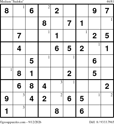 The grouppuzzles.com Medium Sudoku puzzle for Saturday September 12, 2026 with the first 3 steps marked
