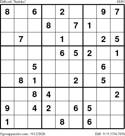 The grouppuzzles.com Difficult Sudoku puzzle for Saturday September 12, 2026
