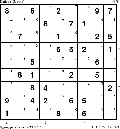 The grouppuzzles.com Difficult Sudoku puzzle for Saturday September 12, 2026 with all 9 steps marked