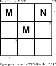 The grouppuzzles.com Easy TicTac-MNO puzzle for Saturday September 12, 2026 with all 2 steps marked
