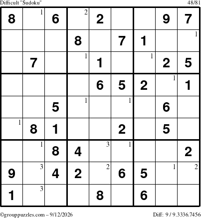 The grouppuzzles.com Difficult Sudoku puzzle for Saturday September 12, 2026 with the first 3 steps marked