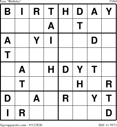 The grouppuzzles.com Easy Birthday puzzle for Saturday September 12, 2026