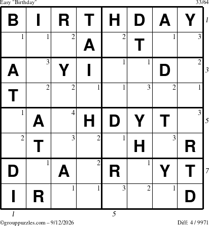 The grouppuzzles.com Easy Birthday puzzle for Saturday September 12, 2026 with all 4 steps marked